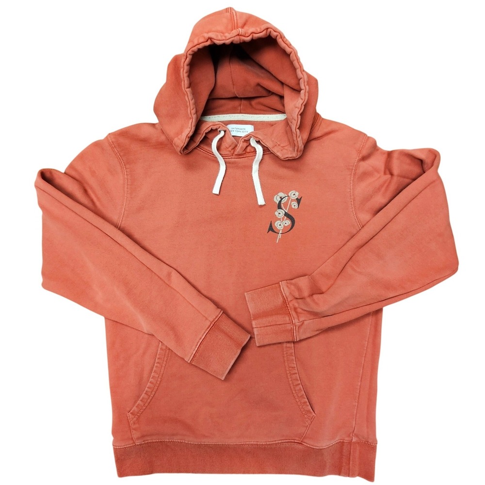 Saturdays NYC Hoodie Mens M Orange Graphic Pullover Hooded Sweatshirt Cotton
